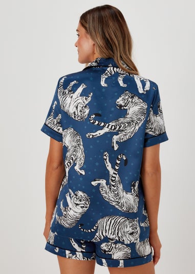 Navy Tiger Satin Short Pyjama Set