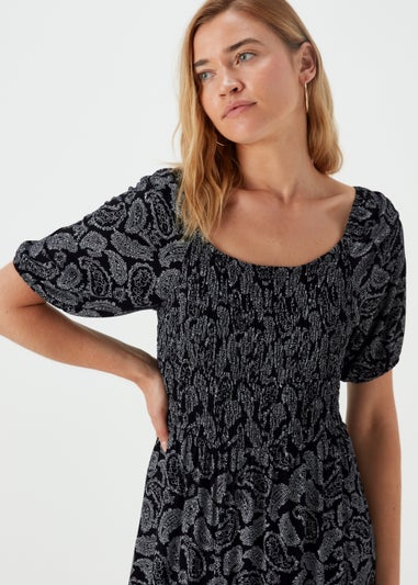 Black Paisley Shirred Midi Dress