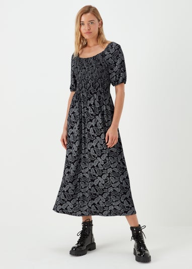 Black Paisley Shirred Midi Dress