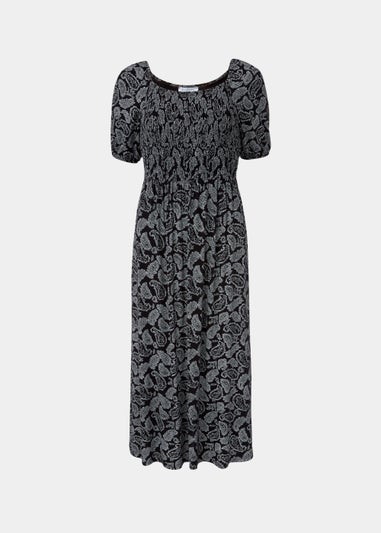 Black Paisley Shirred Midi Dress