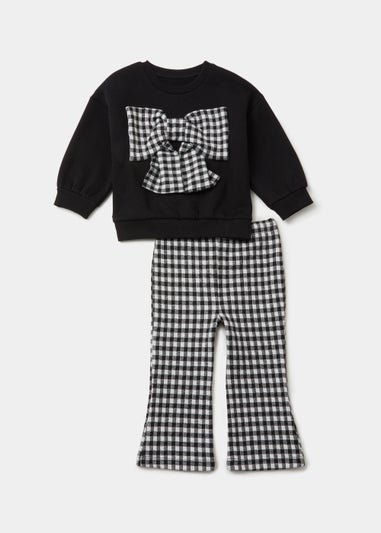 Girls Monochrome Dogtooth Bow Sweatshirt & Flared Leggings Set (9mths-6yrs)