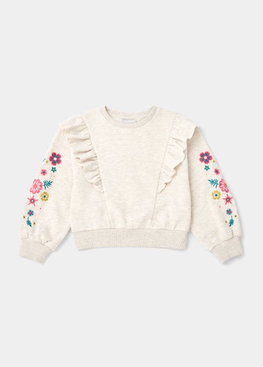 Girls Oatmeal Marl Embroidered Frill Sweatshirt (4-13yrs)