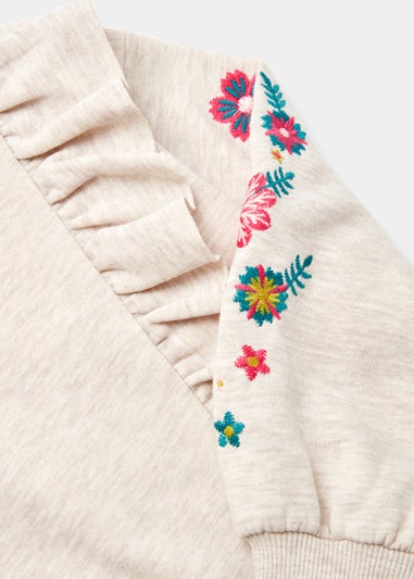 Girls Oatmeal Marl Embroidered Frill Sweatshirt (4-13yrs)