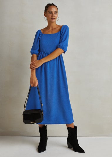 Denim Blue Square Neck Textured Midi Dress