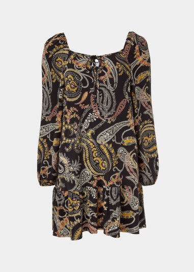 Black Paisley Square Neck Peplum Mini Dress