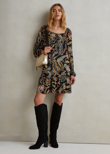 Black Paisley Square Neck Peplum Mini Dress