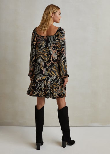 Black Paisley Square Neck Peplum Mini Dress