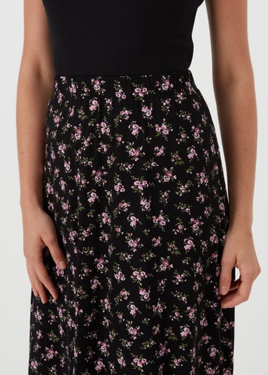 Black & Pink Floral Flared Midi Skirt