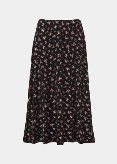 Black & Pink Floral Flared Midi Skirt