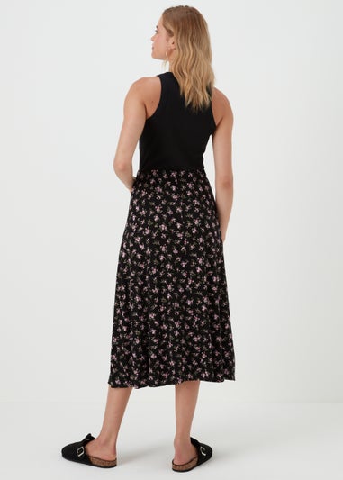 Black & Pink Floral Flared Midi Skirt