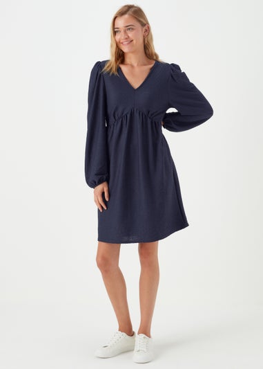 Navy Textured Long Sleeve Mini Dress