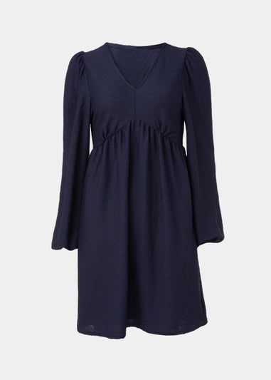 Navy Textured Long Sleeve Mini Dress