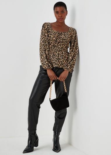 Brown Animal Print Shirred Top