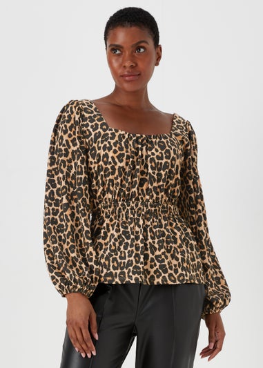 Brown Animal Print Shirred Top