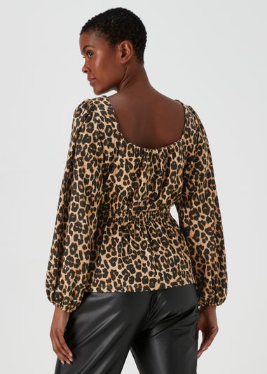 Brown Animal Print Shirred Top