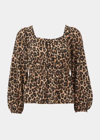 Brown Animal Print Shirred Top