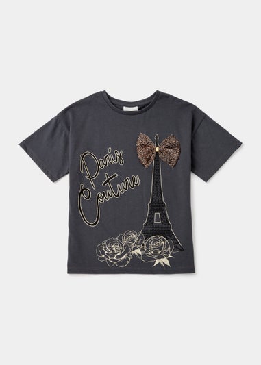 Girls Grey Paris Leopard Bow T-Shirt (4-13yrs)