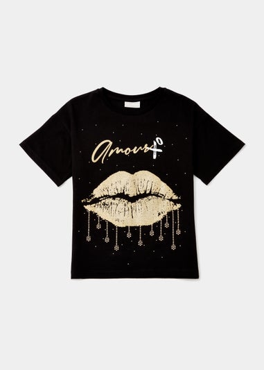 Girls Black & Gold Amour Sequin Lips T-Shirt (4-13yrs)