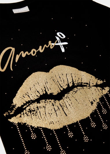 Girls Black & Gold Amour Sequin Lips T-Shirt (4-13yrs)