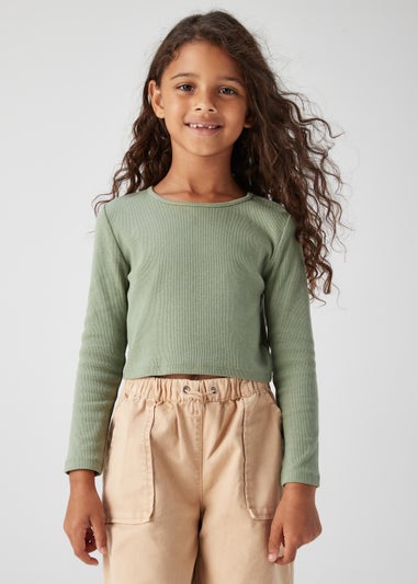 Girls Khaki Ribbed Long Sleeve Top (4-15yrs)