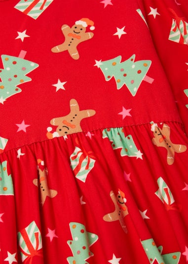 Girls Red Gingerbread Print Dress (4-12yrs)