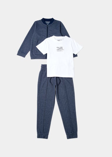 Boys 3 Piece Navy Bomber Jacket T-Shirt & Joggers Set (4-13yrs)