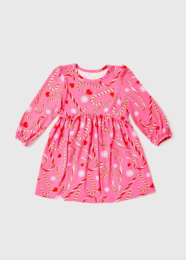 Girls Pink Christmas Candy Cane Print Soft Touch Dress (9mths-6yrs)