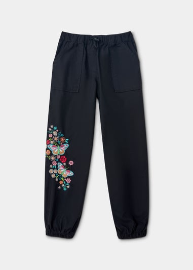 Girls Black Butterfly Embroidered Cargo Trousers (4-12yrs)