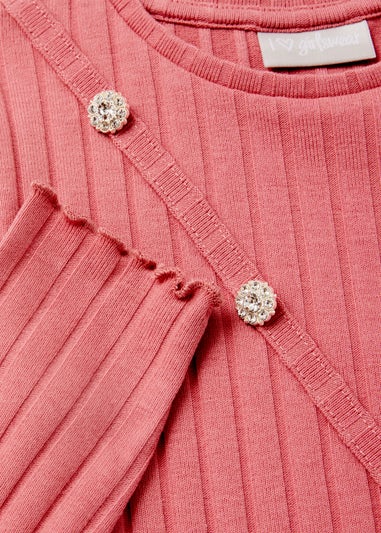 Girls Pink Gem Ribbed Long Sleeve Top (4-12yrs)