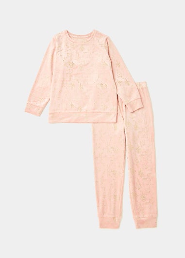 Girls Pink Velour Foil Deer Pyjama Set (4-13yrs)
