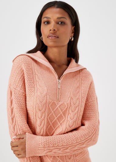 Pink Zip Neck Cable Knit Jumper