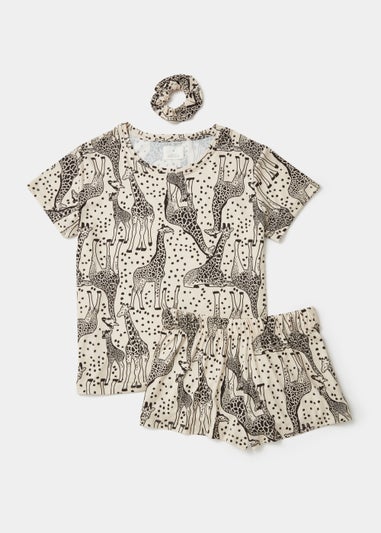 Oatmeal Giraffe Short Pyjama & Scrunchie Set