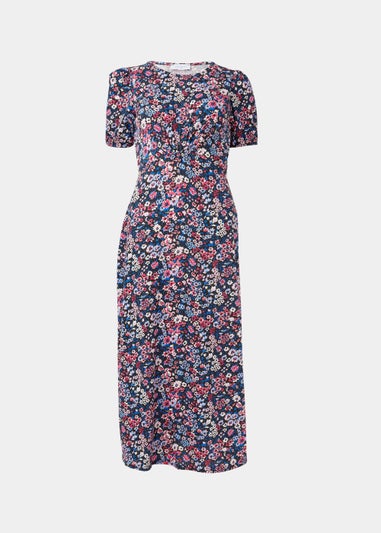 Multicoloured Floral Print Puff Sleeve Midi Dress