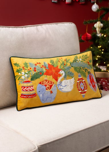 furn. Deck The Halls Baubles Velvet Filled Cushion (30cm x 50cm x 8cm)