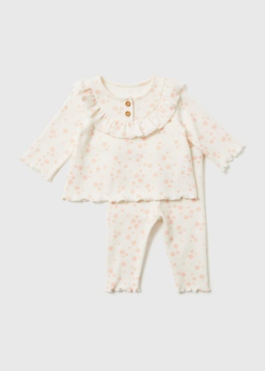 Girls Pink Flower Print Ribbed T-Shirt & Leggings Set (Newborn-23mths)