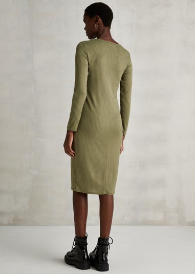 Khaki Cut Out Ribbed Midi Dress