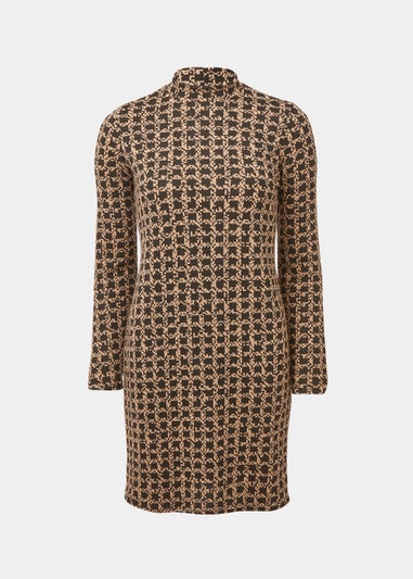 Brown Check High Neck Jacquard Mini Dress