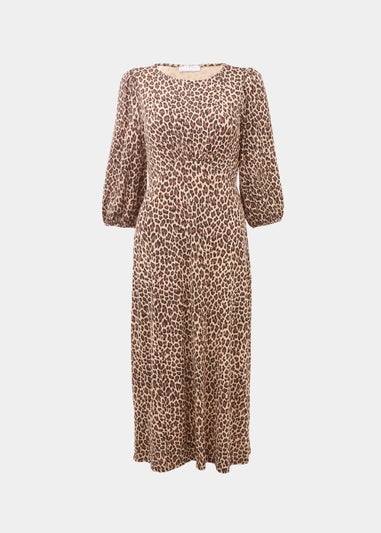 Brown Leopard Print 3/4 Sleeve Midi Dress