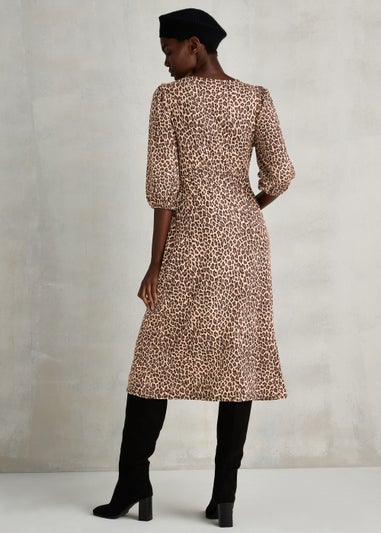 Brown Leopard Print 3/4 Sleeve Midi Dress