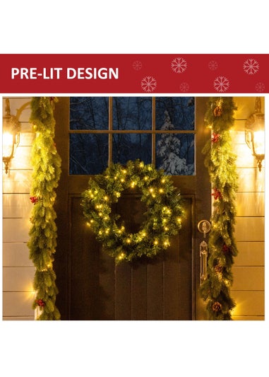 HOMCOM 55CM Pre-lit Christmas Wreath with 50 Warm White LED Ideal Xmas Artificial Door Decoration