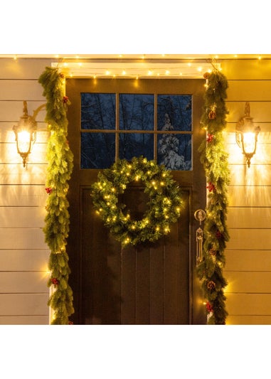 HOMCOM 55CM Pre-lit Christmas Wreath with 50 Warm White LED Ideal Xmas Artificial Door Decoration