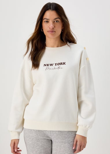 Cream New York Print Button Sweatshirt
