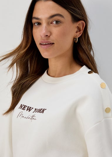 Cream New York Print Button Sweatshirt