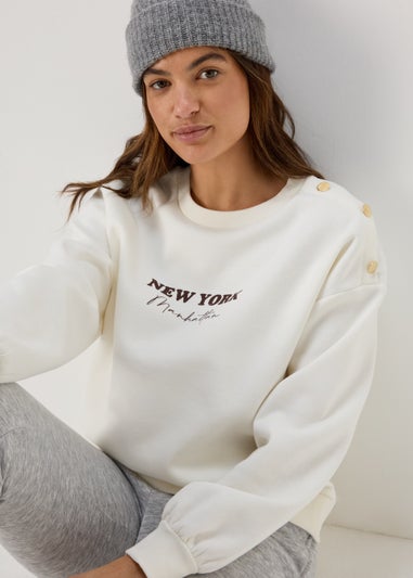 Cream New York Print Button Sweatshirt