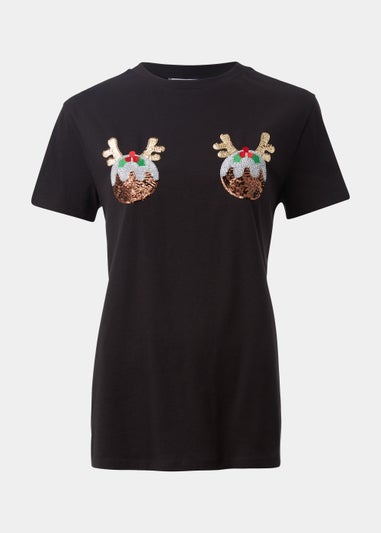 Black Sequin Christmas Pudding T-Shirt