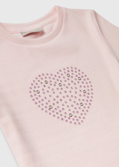 Girls Pink Heart Rhinestone Ribbed T-Shirt (4-13yrs)