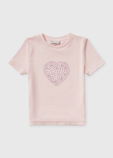 Girls Pink Heart Rhinestone Ribbed T-Shirt (4-13yrs)