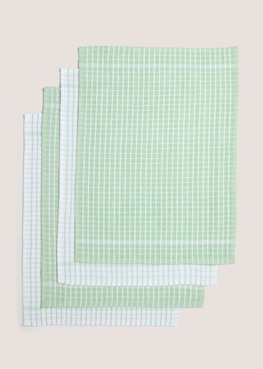 4 Pack Light Green Check Terry Tea Towels (60cm x 45cm)