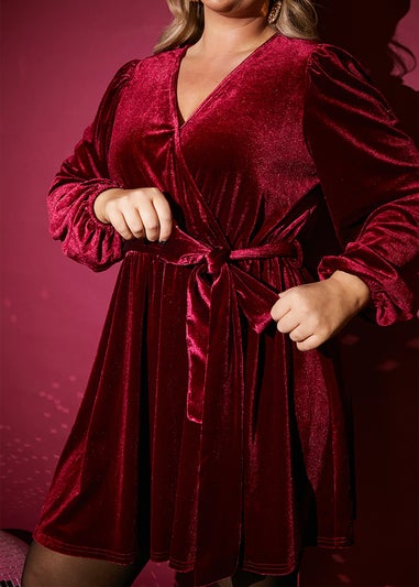 In The Style Jess Millichamp Burgundy Velvet Wrap Mini Dress