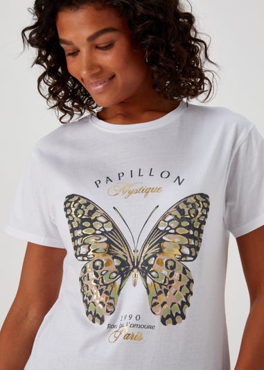 White Butterfly Print T-Shirt